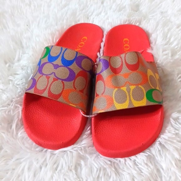 COACH Rainbow Logo Print pool slides Size 8M - Picture 2 of 8